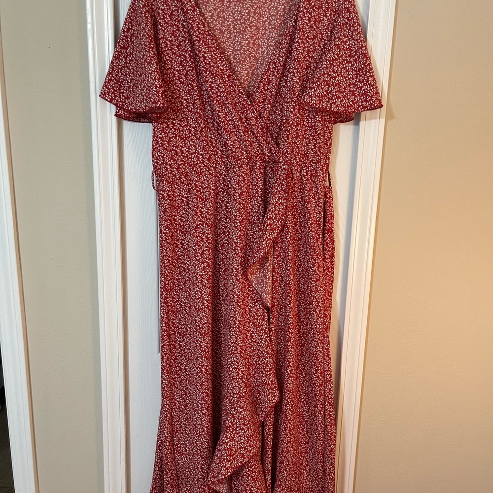 SHEIN Red Midi Wrap Sundress with Flutter Sleeves and V-Neck